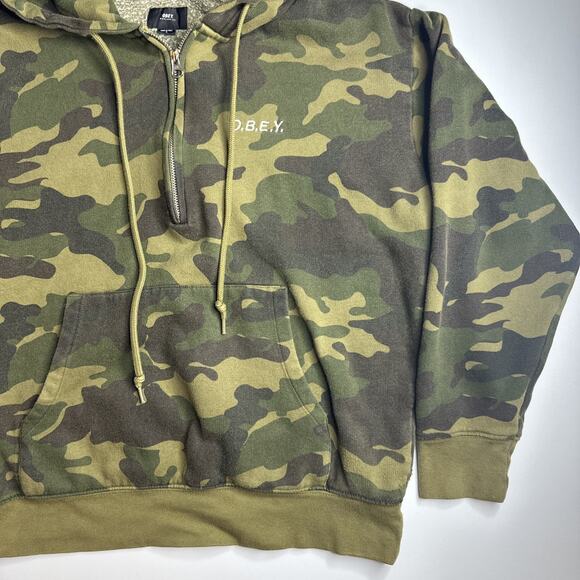 Obey Worldwide Mens Small Quarter Zip Hoodie Camo Pockets Embroidered Streetwear - Picture 4 of 12